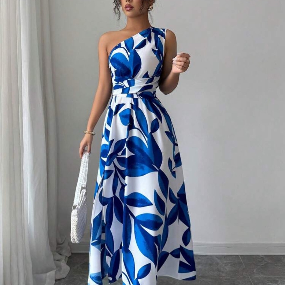 Elegant Blue and White One-Shoulder Dress